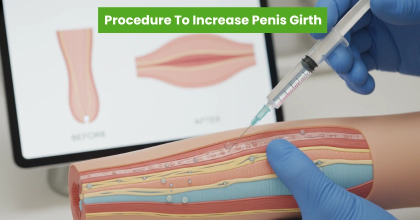 Medical illustration of the non-surgical procedure to increase penis girth using fillers.