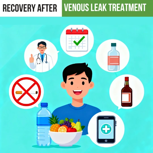 Infographic showing recovery after venous leak treatment, featuring healthy diet, hydration, no smoking, and follow-up medical consultations.