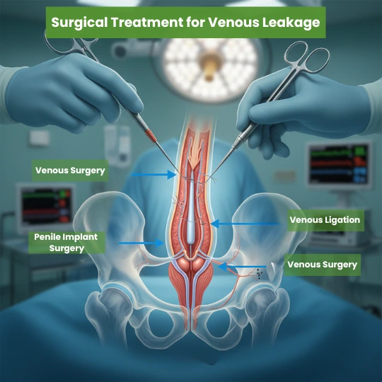 Medical illustration of surgical treatment for venous leakage, showing venous ligation and penile implant surgery procedures in an operating room.