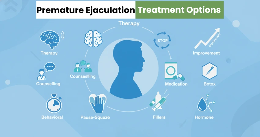 Premature Ejaculation treatment options including therapy, medication, fillers, and Botox.