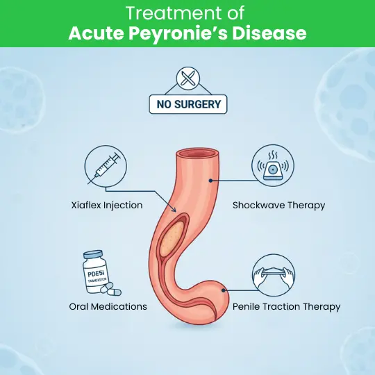 Non-surgical acute Peyronie's disease treatments: Xiaflex, traction, and shockwave therapy.