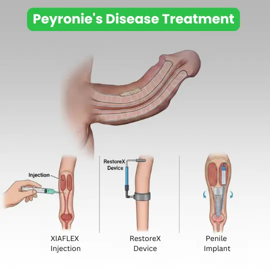 Peyronie's disease treatment options: Xiaflex, RestoreX device, and penile implants.