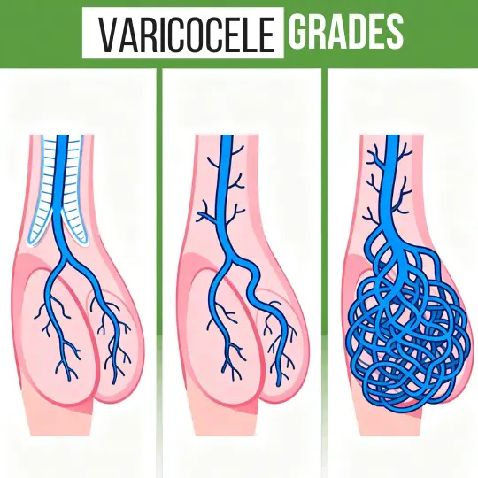 Diagram showing different varicocele grades and vein enlargement in the scrotum.