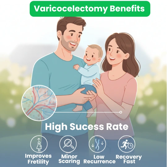 Varicocelectomy benefits: improves fertility, minor scarring, low recurrence, fast recovery