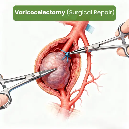 Medical illustration of a varicocelectomy surgical repair procedure.