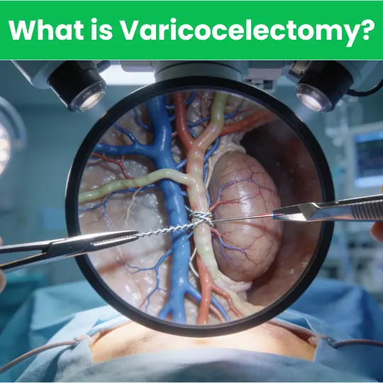 Microscopic varicocelectomy procedure showing surgical ligation of enlarged scrotal veins