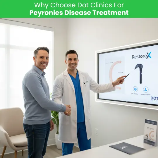 Urologist at Dot Clinics explaining RestoreX for Peyronie's disease treatment.