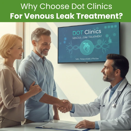 A male doctor shaking hands with a couple at DOT Clinics during a consultation for safe and effective venous leak treatment.