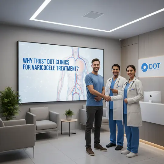 Patient shaking hands with doctors at DOT Clinics for varicocele treatment.