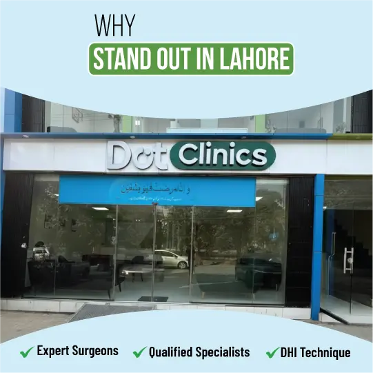 Dot Clinics hair transplant center exterior in Lahore with DHI technique