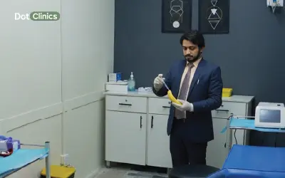 Healthcare provider demonstrating pshot with anatomical diagram