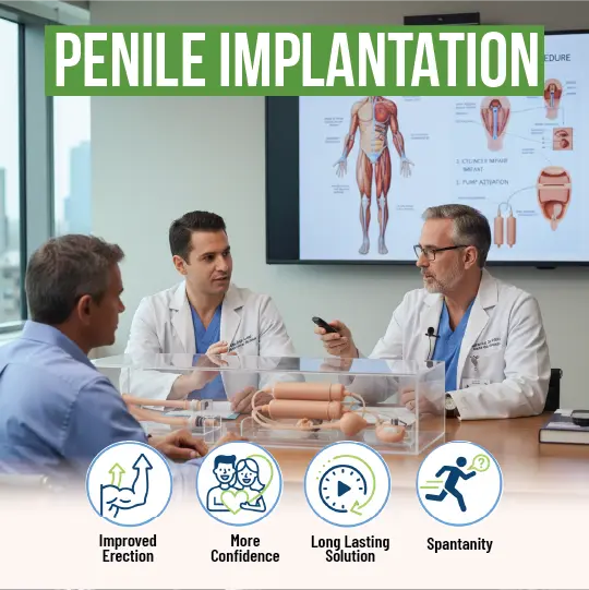 Two doctors consulting a patient about penile implantation with benefits icons showing Improved Erection, More Confidence, Long Lasting Solution, and Spontaneity