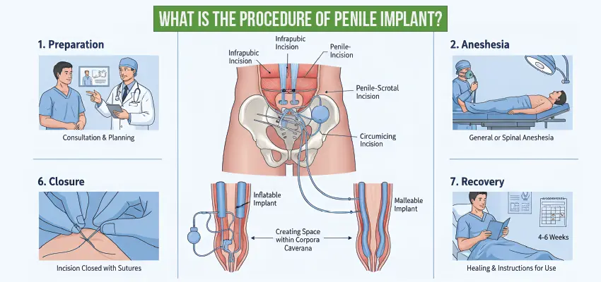 Step-by-step penile implant procedure infographic showing: 1) Preparation with consultation, 2) Anesthesia administration, central anatomical diagram with incision locations and implant placement in pelvic area, 6) Closure with sutures, and 7) Recovery period of 4-6 weeks