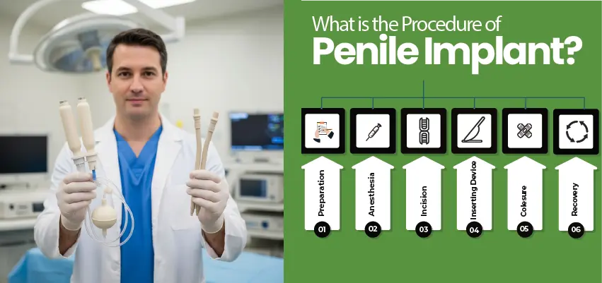 Doctor in white coat holding penile implant devices beside a step-by-step procedure infographic showing: Preparation, Anesthesia, Incision, Inserting Device, Closure, and Recovery