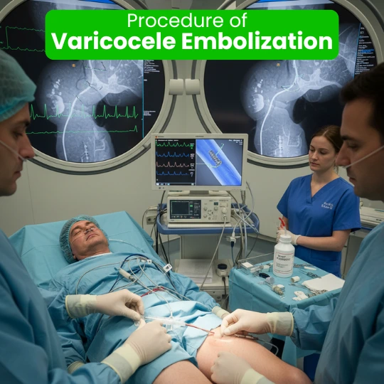 Doctor explaining varicocele embolization procedure with spermatic vein diagram
