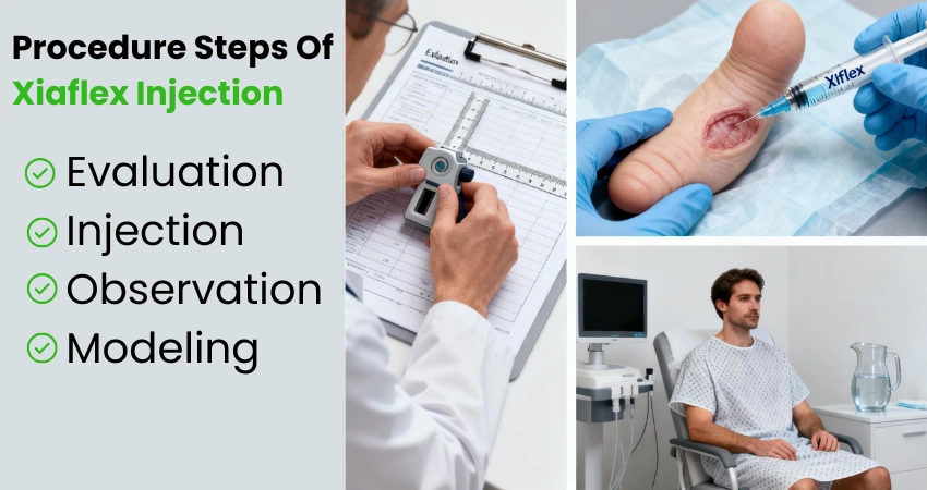 4 steps of Xiaflex procedure: Evaluation, Injection, Observation, and Modeling.