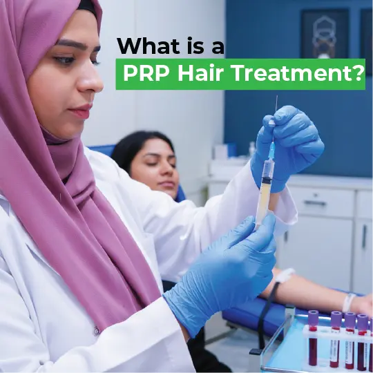  Medical professional in hijab holds PRP syringe for hair treatment in clinical setting with patient