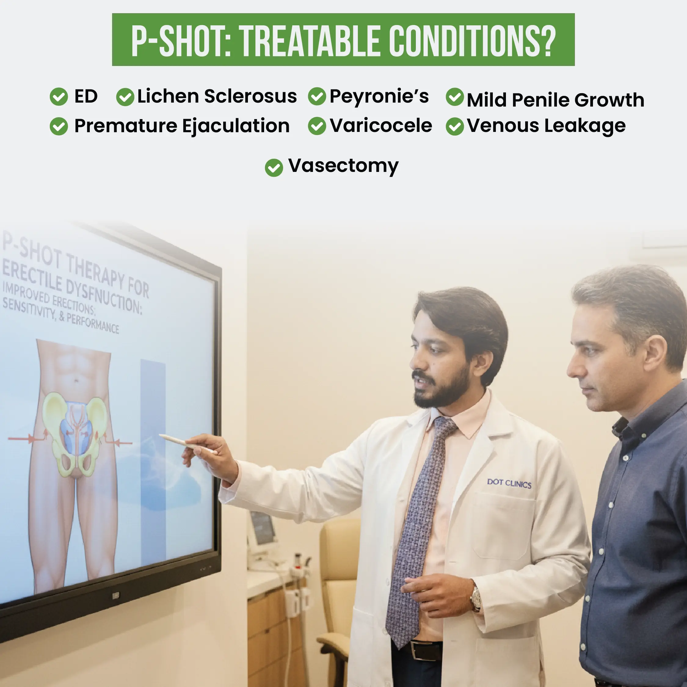 Doctor pointing at a diagram of male anatomy with a list of conditions treatable by P-Shot.