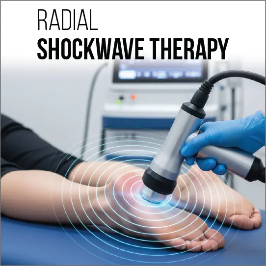 Medical professional performing radial shockwave therapy on patient's arm with handheld device