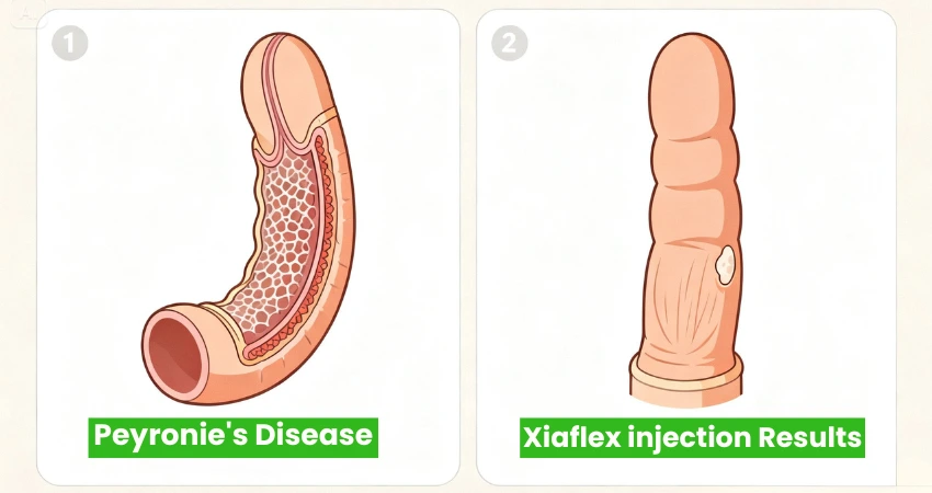 Before and after Xiaflex injection results for Peyronie’s disease curvature.
