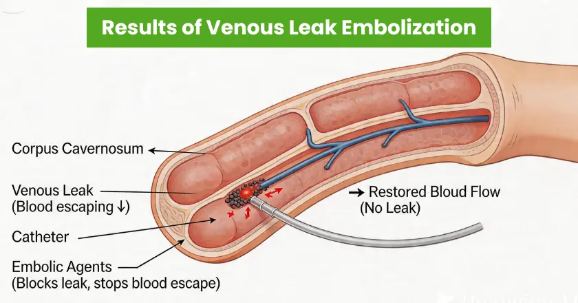 Venous leak embolization results showing catheter blocking blood escape to restore penile blood flow