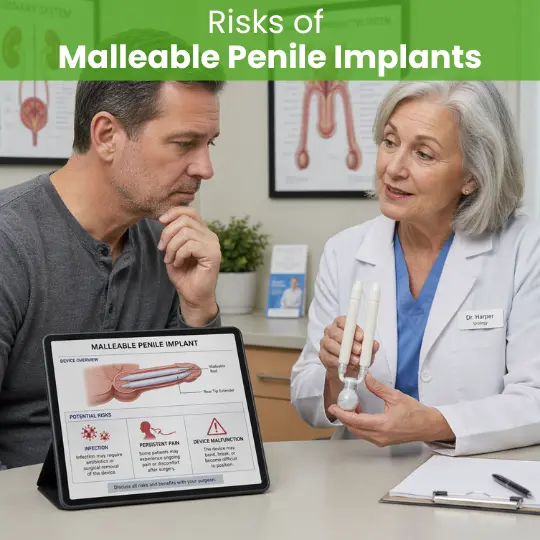 Urologist discussing potential risks of malleable penile implants like infection and pain with patient.
