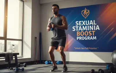 Fitness trainer in gym with sexual stamina boost program banner