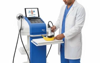 Doctor operating shockwave therapy device with touchscreen for clinical treatment