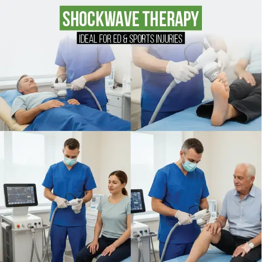 Shockwave therapy ideal for ED and sports injuries treatment collage