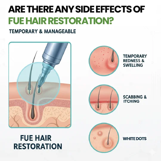 FUE hair transplant side effects infographic showing temporary redness, swelling, scabbing and whitedots