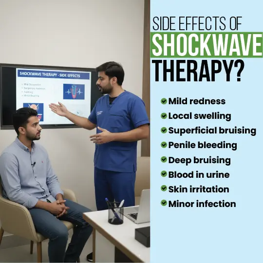 Doctor explaining shockwave therapy side effects to patient in clinic