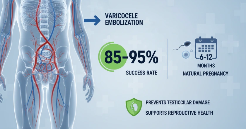 Varicocele embolization 85-95% success rate natural pregnancy in 6-12 months