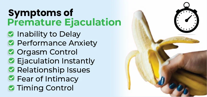 Premature ejaculation symptoms list with stopwatch icon: anxiety, control issues, relationship problems