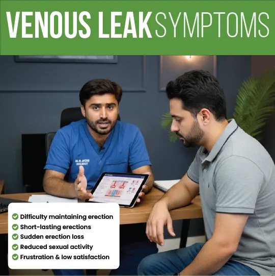 Healthcare provider explaining venous leak symptoms to patient using tablet display