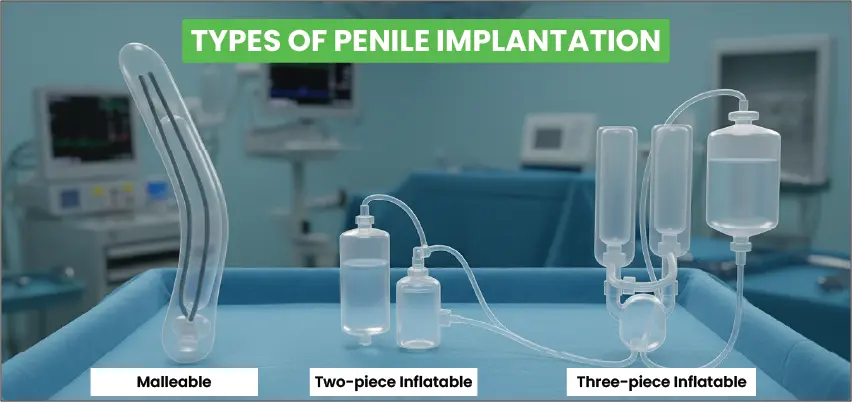 Three types of penile implantation devices displayed on medical tray: malleable implant (rigid rod), two-piece inflatable implant (pump and cylinders), and three-piece inflatable implant (pump, reservoir, and cylinders)