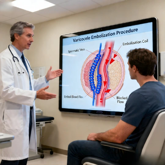 Doctor explaining varicocele embolization procedure with spermatic vein diagram