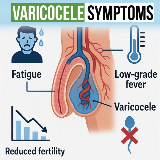 Varicocele symptoms infographic showing fatigue low-grade fever and reduced fertility