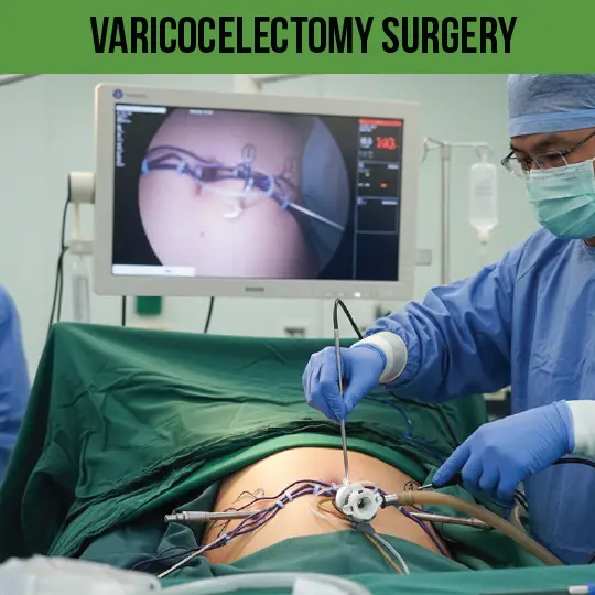 Surgeon performing minimally invasive varicocelectomy surgery using laparoscopic instruments
