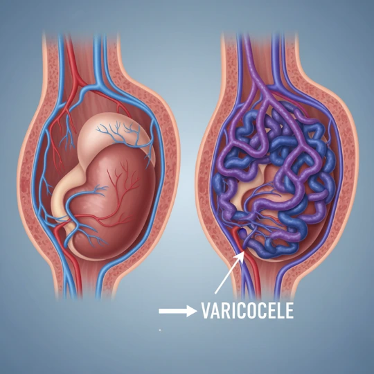 Medical illustration comparing normal testis vs varicocele enlarged veins in scrotum