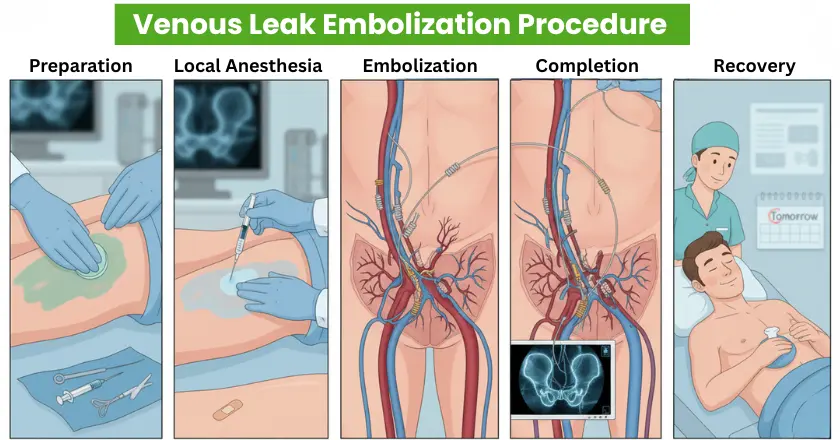Venous leak embolization procedure steps preparation, local anesthesia, embolization, and recovery