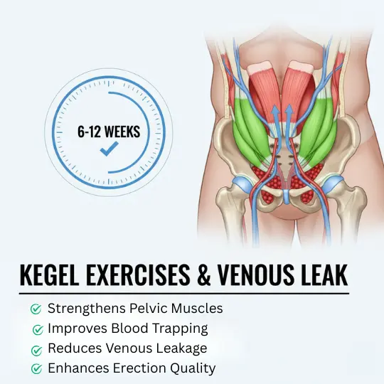Kegel exercises strengthen pelvic muscles to treat venous leak, improving erection in 6-12 weeks