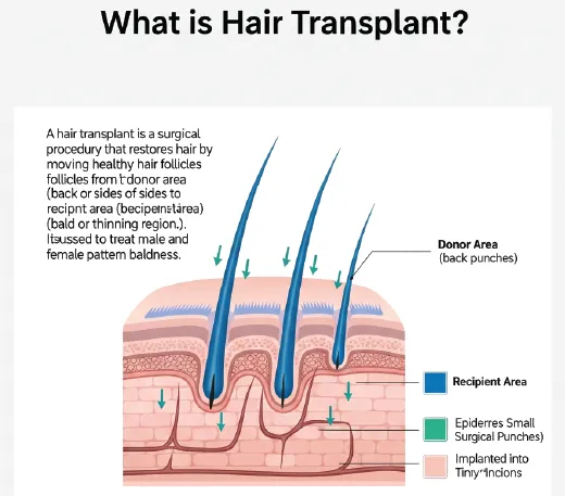 What Is Hair Transplant and How It Works – Dot Clinics Diagram explaining hair transplant with donor and recipient areas for natural hair restoration