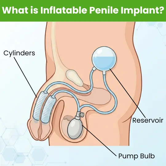 Diagram of 3-piece inflatable penile implant components: cylinders, reservoir, and pump bulb
