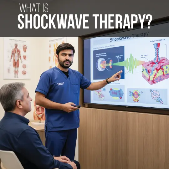 Doctor presenting shockwave therapy information to patient on monitor