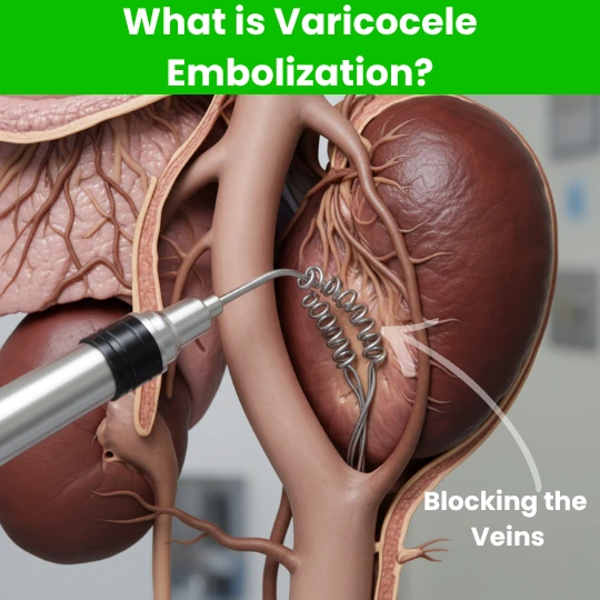 Varicocele embolization blocking enlarged veins with minimally invasive coil