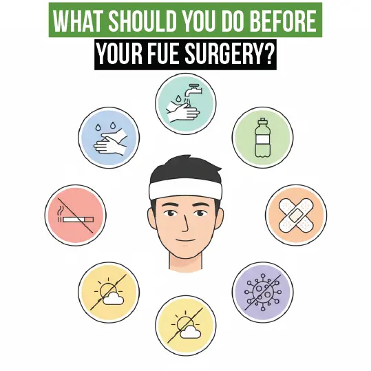 FUE hair transplant pre-surgery checklist infographic with preparation tips