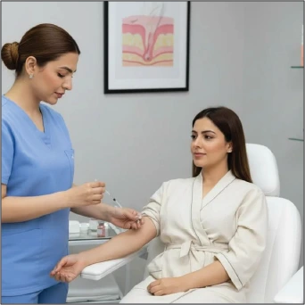 Skin whitening injection administered by specialist to patient at aesthetic clinic