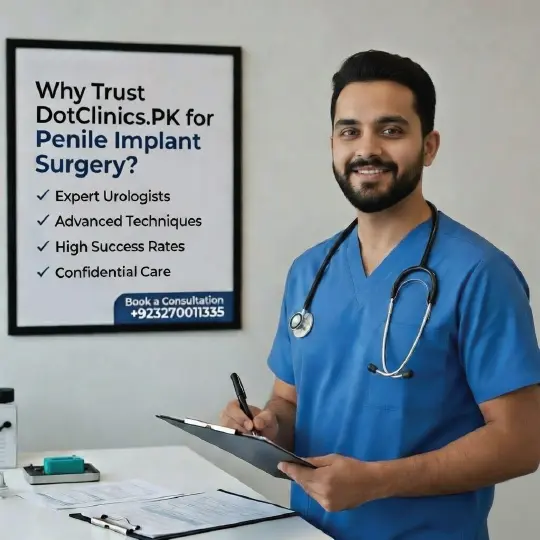 Smiling male doctor in blue scrubs holding a clipboard beside a sign reading 'Why Trust DotClinics.PK for Penile Implant Surgery?' listing Expert Urologists, Advanced Techniques, High Success Rates, and Confidential Care