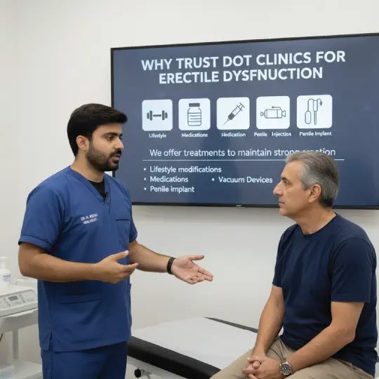 Doctor at DOT Clinics explaining erectile dysfunction treatments to a patient