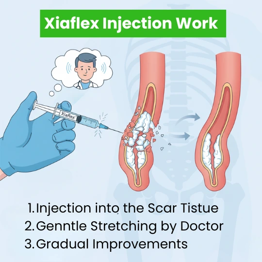 How Xiaflex injection works: breaking down scar tissue to improve penile curvature.